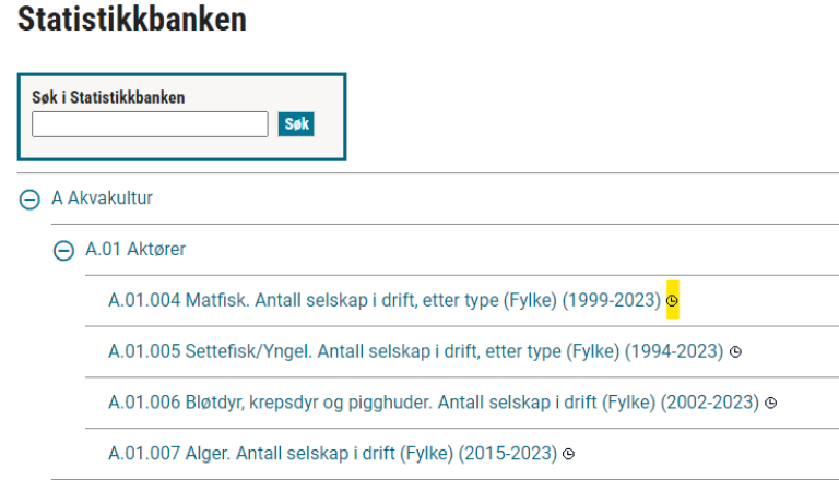 Skjermbilde av statistikkbanken, der et ikon er markert i gult. 